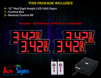 Gas Price LED Sign 12 inch - 33"x15"- 4 Red Digital Gasoline Signs - Complete Package w/ RF Remote Control