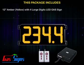 Gas Price LED Sign (Digital) 12 Inch Amber (Yellow) with 4 Large Digits - Complete Package w/ RF Remote Control