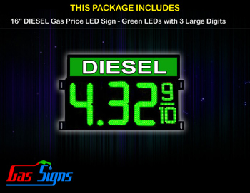 Gas Price LED Sign 16 Inch DIESEL - Green LEDs with 3 Large Digits & fraction digits