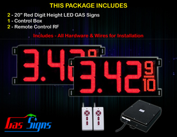 Gas Price Sign 20 inch - 2 Red Digital Gasoline Signs - Complete Package w/ RF Remote Control