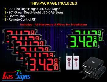 Gas Price Sign 20 inch - 6 Red & 2 Green Digital Gasoline Signs - Complete Package w/ RF Remote Control