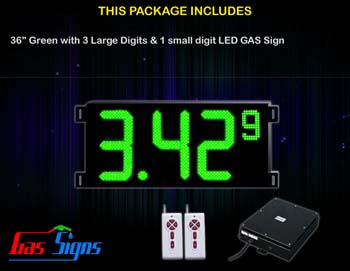 Gas Price LED Sign (Digital) 36 Inch Green with 3 Large Digits & 1 small digit - Complete Package w/ RF Remote Control
