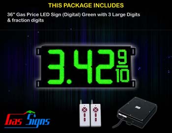 Gas Price LED Sign (Digital) 36 Inch Green with 3 Large Digits & fraction digits - Complete Package w/ RF Remote Control
