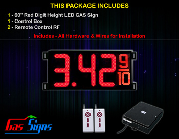 Gas LED Price Sign 60 inch - 1 Red Digital Gasoline Signs - Complete Package w/ RF Remote Control