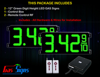 Gas Price LED Sign 12 inch - 33"x15"- 2 Green Digital Gasoline Signs - Complete Package w/ RF Remote Control