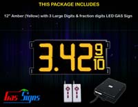 Gas Price LED Sign (Digital) 12 Inch Amber (Yellow) with 3 Large Digits & fraction digits - Complete Package w/ RF Remote Control