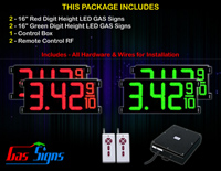 LED Gas Price Display 16 inch - 42"x19"- 2 Red & 2 Green Digital Gasoline Signs - Complete Package w/ RF Remote Control