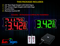 Gas Price LED Sign 24 inch - 65"x27"- 2 Red & 1 Green Digital Gasoline Signs - Complete Package w/ RF Remote Control