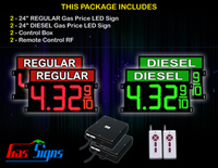 Gas Price LED Sign 24 inch - 65"x38" - 2 Red REGULAR & 2 Green DIESEL Digital Gasoline Signs - Complete Package w/ RF Remote Control