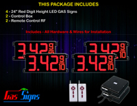 Gas Price LED Sign 24 inch - 65"x27"- 4 Red Digital Gasoline Signs - Complete Package w/ RF Remote Control