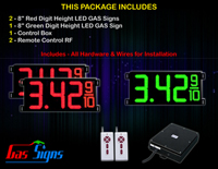 Gas Price LED Sign 8 inch - 26"x11"- 2 Red & 1 Green Digital Gasoline Signs - Complete Package w/ RF Remote Control