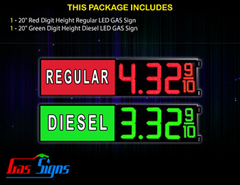 Gas LED Sign - 1 Red with label Regular, 1 Green with label Diesel