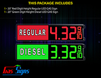 Gas LED Sign - 1 Red with label Regular, 1 Green with label Diesel