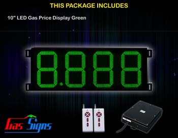 LED Gas Price Display 10 inch - 8.888 Green Sign - Complete Package w/ RF Remote Control