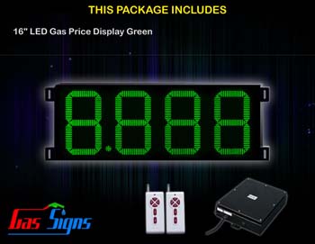 LED Gas Price Display 16 inch - 8.888 Green Sign - Complete Package w/ RF Remote Control