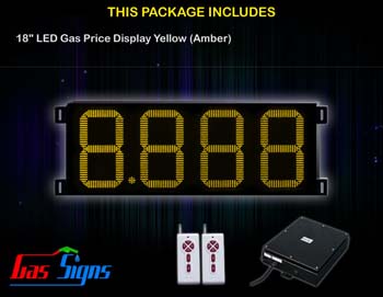 Gas Price LED Display 18 inch - 8.888 Yellow Sign - Complete Package w/ RF Remote Control