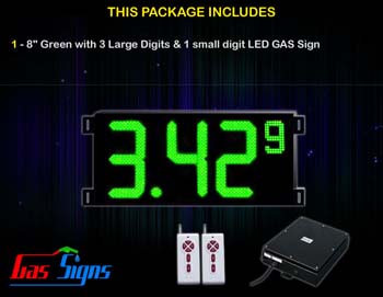 Gas Price LED Sign (Digital) 8 Inch Green with 3 Large Digits & 1 small digit - Complete Package w/ RF Remote Control