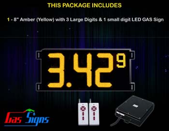 Gas Price LED Sign (Digital) 8 Inch Amber (Yellow) with 3 Large Digits & 1 small digit - Complete Package w/ RF Remote Control
