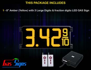 Gas Price LED Sign (Digital) 8 Inch Amber (Yellow) with 3 Large Digits & fraction digits - Complete Package w/ RF Remote Control