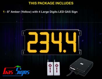 Gas Price LED Sign (Digital) 8 Inch Amber (Yellow) with 4 Large Digits - Complete Package w/ RF Remote Control