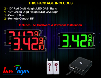 LED Gas Price Display 10 inch - 28"x13"- 2 Red & 1 Green Digital GAS Signs - Complete Package w/ RF Remote Control