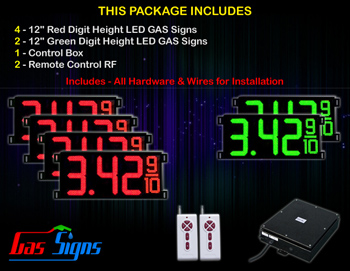 Gas Price LED Sign 12 inch - 33"x15"- 4 Red & 2 Green Digital Gasoline Signs - Complete Package w/ RF Remote Control