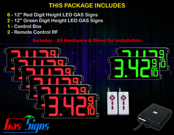 Gas Price LED Sign 12 inch - 33"x15"- 6 Red & 2 Green Digital Gasoline Signs - Complete Package w/ RF Remote Control