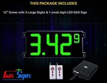 Gas Price LED Sign (Digital) 12 Inch Green with 3 Large Digits & 1 small digit - Complete Package w/ RF Remote Control