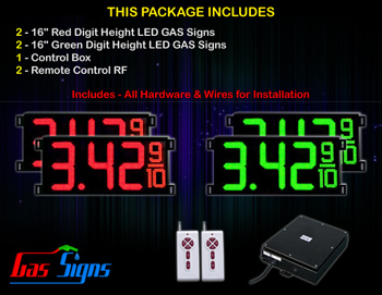 LED Gas Price Display 16 inch - 42"x19"- 2 Red & 2 Green Digital Gasoline Signs - Complete Package w/ RF Remote Control