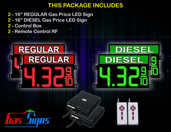 LED Gas Price Display 16 inch - 42"x30" - 2 Red REGULAR & 2 Green DIESEL Digital Gasoline Signs - Complete Package w/ RF Remote Control