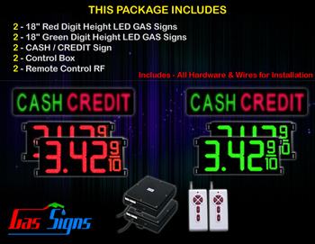 Gas Price LED Display 18 inch - 2 CASH / CREDIT signs - 2 Red & 2 Green Digital Gasoline Signs - Complete Package w/ RF Remote Control