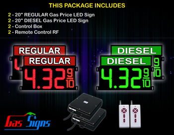 Gas Price Sign 20 inch - 2 Red REGULAR & 2 Green DIESEL Digital Gasoline Signs - Complete Package w/ RF Remote Control