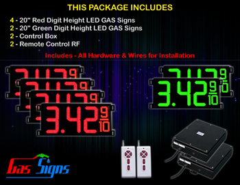 Gas Price Sign 20 inch - 4 Red & 2 Green Digital Gasoline Signs - Complete Package w/ RF Remote Control
