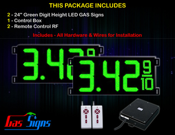 Gas Price LED Sign 24 inch - 65"x27"- 2 Green Digital Gasoline Signs - Complete Package w/ RF Remote Control