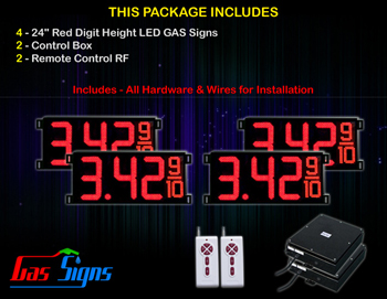 Gas Price LED Sign 24 inch - 65"x27"- 4 Red Digital Gasoline Signs - Complete Package w/ RF Remote Control