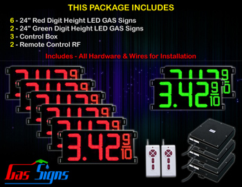 Gas Price LED Sign 24 inch - 65"x27"- 6 Red & 2 Green Digital Gasoline Signs - Complete Package w/ RF Remote Control