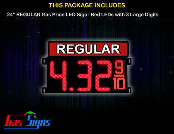 Gas Price LED Sign 24 Inch REGULAR - Red LEDs with 3 Large Digits & fraction digits - Top Section lighted