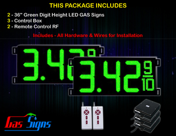 Gas LED Price Sign 36 inch - 2 Green Digital Gasoline Signs - Complete Package w/ RF Remote Control