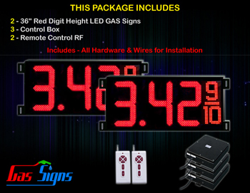 Gas LED Price Sign 36 inch - 2 Red Digital Gasoline Signs - Complete Package w/ RF Remote Control