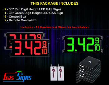 Gas LED Price Sign 36 inch - 2 Red & 1 Green Digital Gasoline Signs - Complete Package w/ RF Remote Control