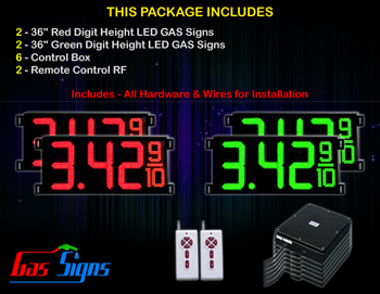 Gas LED Price Sign 36 inch - 2 Red & 2 Green Digital Gasoline Signs - Complete Package w/ RF Remote Control