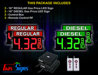 LED Gas Price Display 16 inch - 42"x30" - 2 Red REGULAR & 2 Green DIESEL Digital Gasoline Signs - Complete Package w/ RF Remote Control