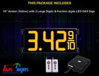 Gas Price LED Sign (Digital) 16 Inch Amber (Yellow) with 3 Large Digits & fraction digits - Complete Package w/ RF Remote Control