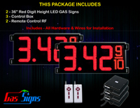 Gas LED Price Sign 36 inch - 2 Red Digital Gasoline Signs - Complete Package w/ RF Remote Control